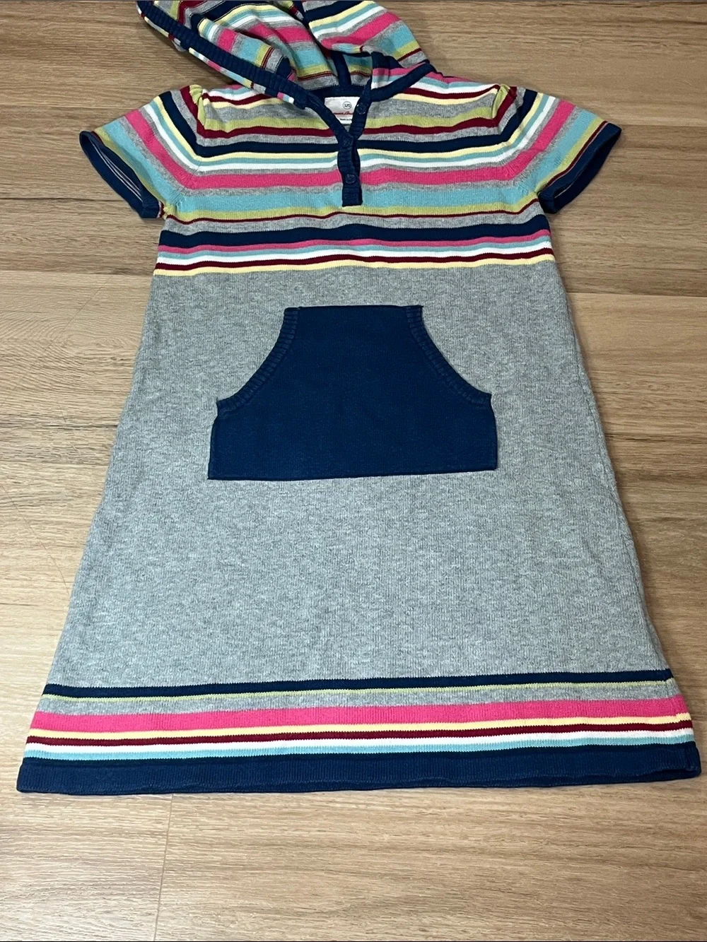 Hanna Andersson 2009 Gray Hooded Knit 100% Cotton Dress Multicolor Stripes 120